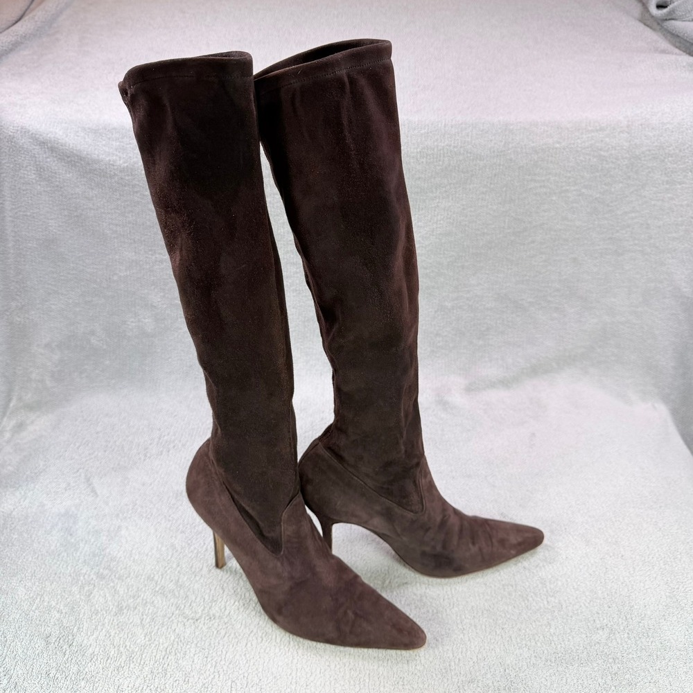 Manolo Blahnik Womens 39 Brown Suede Pointed Toe Stiletto Tall Pull On Boots